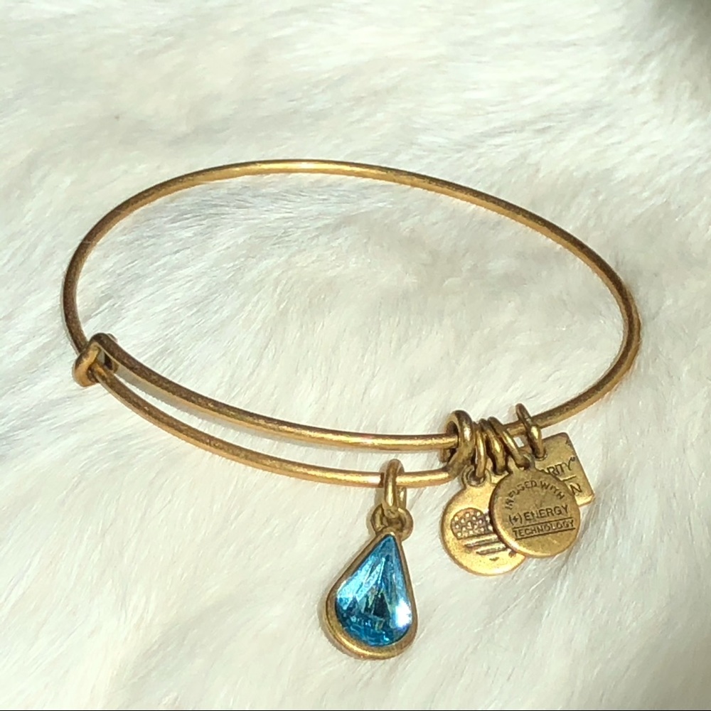 Alex and Ani Rafaelian Gold Tone Living Water Blue Drop Charm Bangle Bracelet